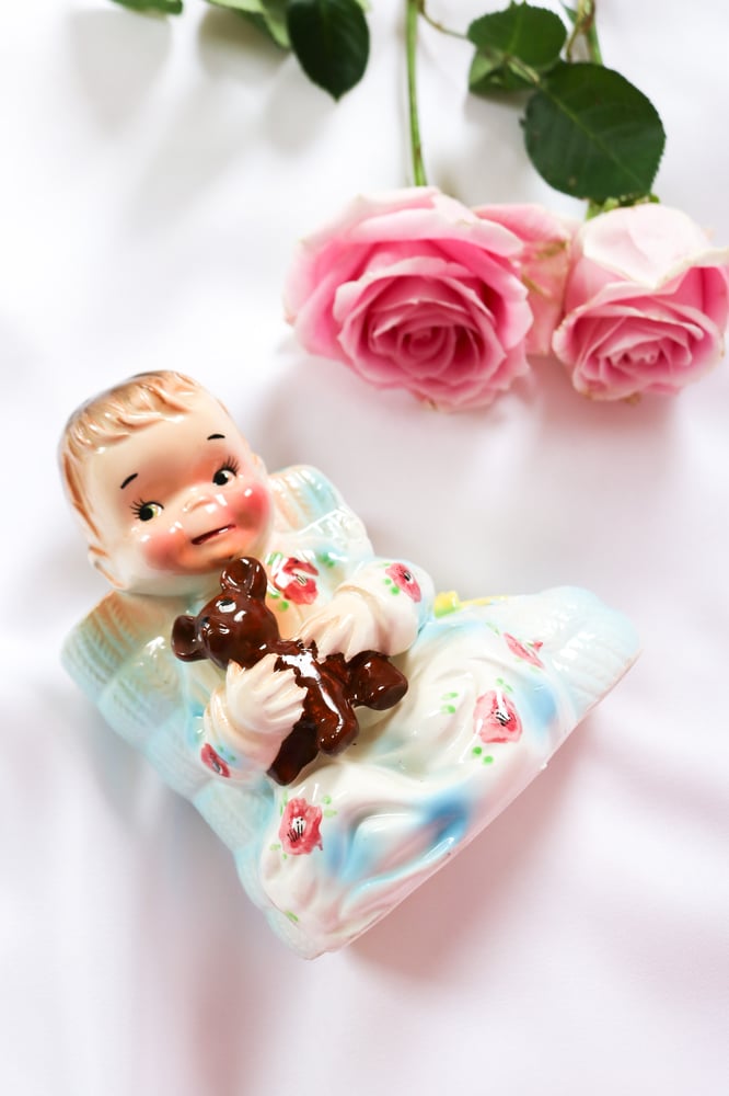 Image of RARE Vintage Stella Japan Baby Shoe Figurine with Teddy Bear