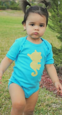 Image 2 of Seahorse Baby Bodysuit Turquoise and Yellow Nautical Baby Neutral Top 