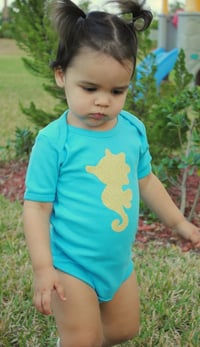 Image 1 of Seahorse Baby Bodysuit Turquoise and Yellow Nautical Baby Neutral Top 