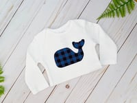 Image 1 of Blue Plaid Whale Baby Boy’s Bodysuit Nautical Baby Shower Gift Top