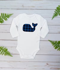 Image 2 of Blue Plaid Whale Baby Boy’s Bodysuit Nautical Baby Shower Gift Top