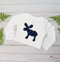 Image 1 of Blue Plaid Moose Baby Boy’s Top Baby Shower Gift Bodysuit