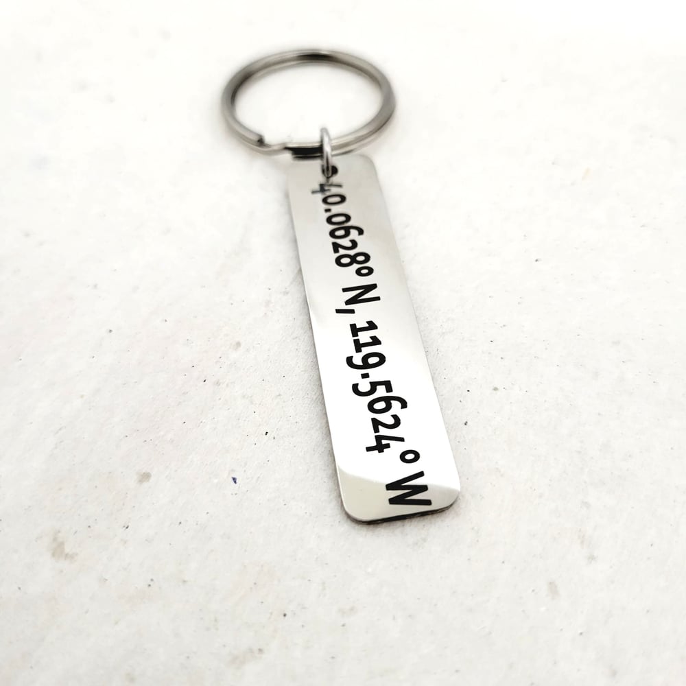 Image of Custom Coordinate Keychain - Rectangular GPS Latitude Longitude of Favorite place Engraving.