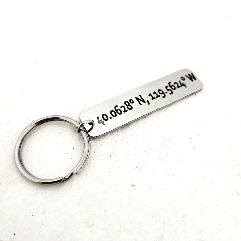 Image of Custom Coordinate Keychain - Rectangular GPS Latitude Longitude of Favorite place Engraving.