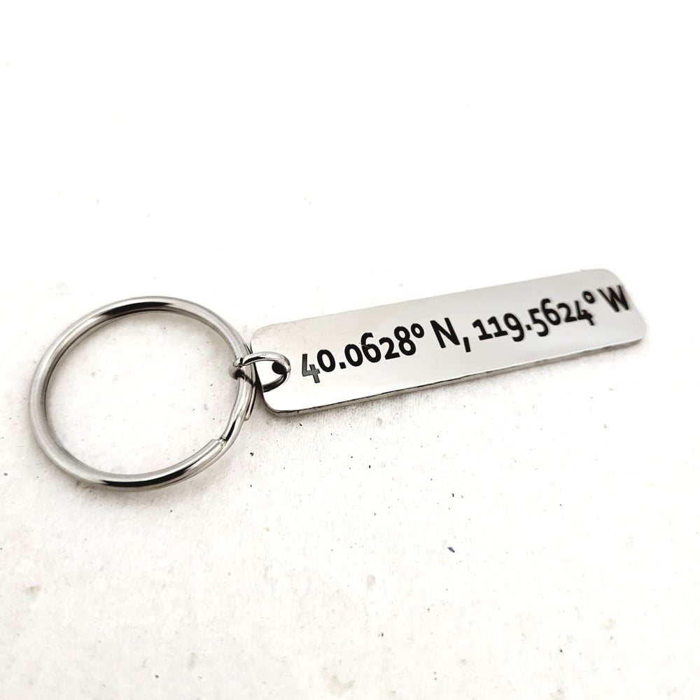 Image of Custom Coordinate Keychain - Rectangular GPS Latitude Longitude of Favorite place Engraving.