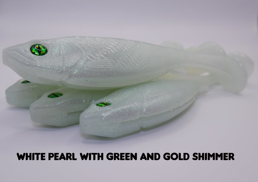 Image of 5" Swimbait Split Belly (3 Pack) White Pearl With Green and Gold Shimmer