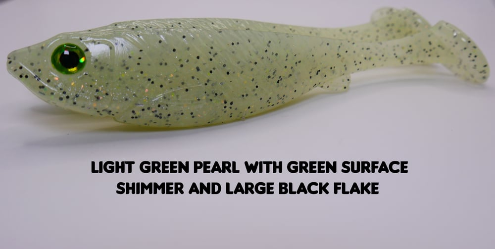 Image of 5" Swimbait Split Belly (3 Pack) Light Green Pearl With Green Surface Shimmer And Large Black Flake