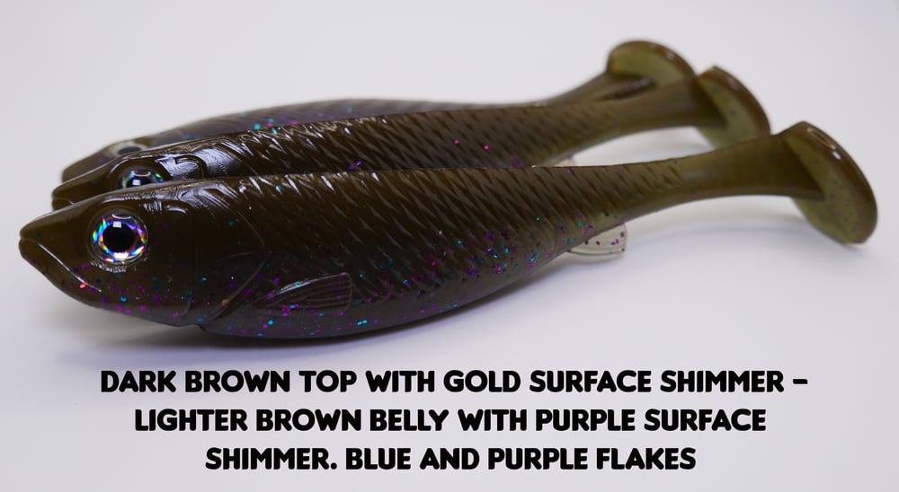 Image of 5" Swimbait Split Belly (3 Pack) Dark Brown Top With Gold Surface Shimmer - Lighter Brown Belly 