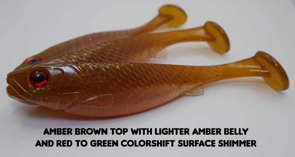 Image of 5" Swimbait Split Belly (3 Pack) Amber Brown Top With Lighter Amber Belly and Red/Green Colorshift