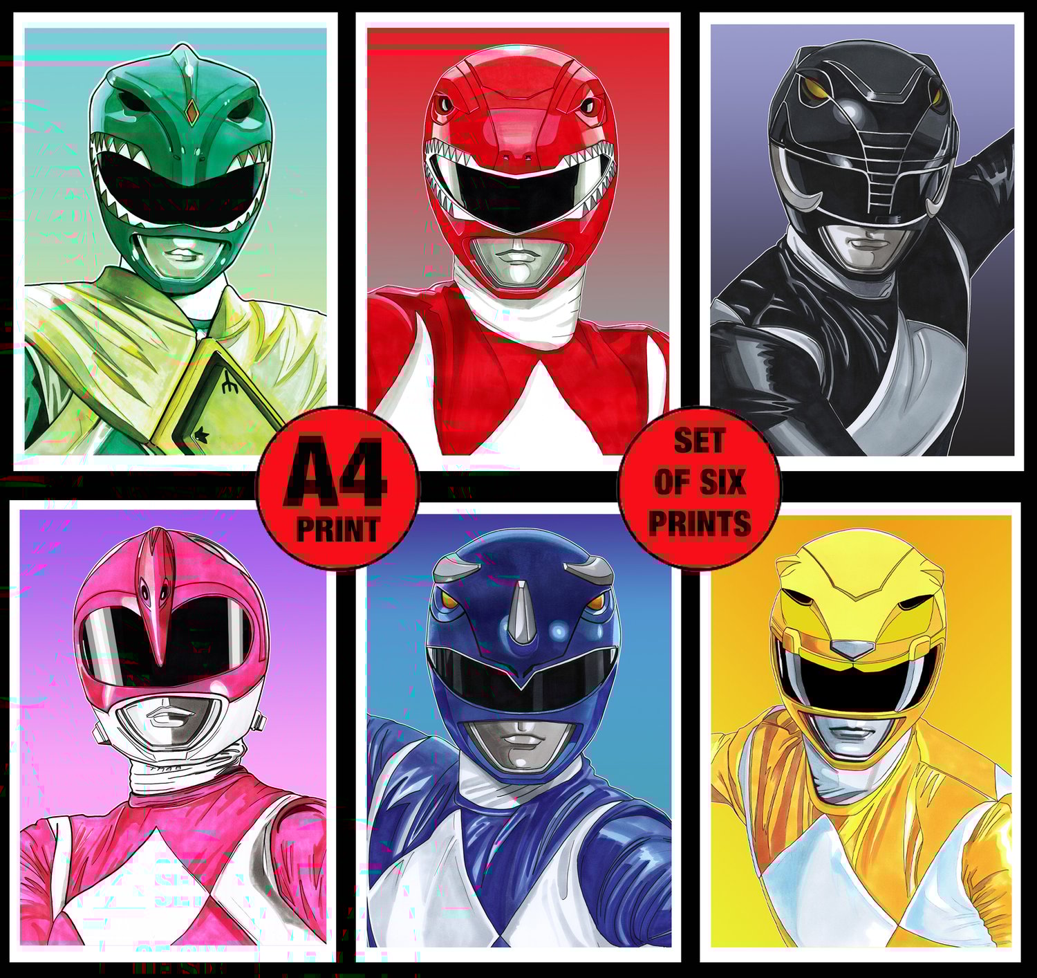 Power Rangers Team-Up A4 (12" x 8") Signed Print Set Comic Style Illustration