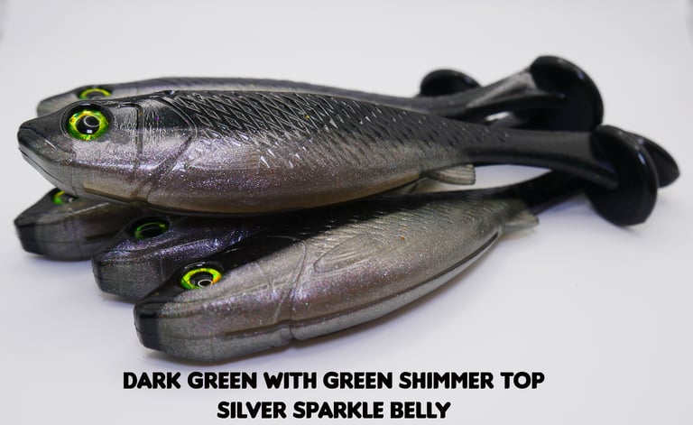 Image of 5" Swimbait Split Belly (3 Pack)Dark Green with Green Shimmer Top Silver Sparkle Belly