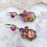 Image 1 of Fire Opal Earrings with Vintage Bohemian Czech Glass & Swarovski Crystals in Art Deco Filigree