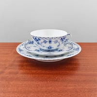 Image 1 of Royal Copenhagen Blue Fluted Full Lace Tea Cup Trio Set