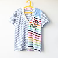 Image 1 of rainbow stripe bikes courtneycourtney adult size m/l medium large vneck short sleeve tee tshirt top