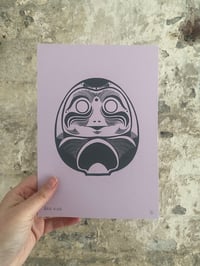 Image 1 of 'Daruma Dolls' A5 Hand-Pulled Single-Colour Screen Print on Purple/Pink Card 