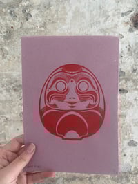 Image 3 of 'Daruma Dolls' A5 Hand-Pulled Single-Colour Screen Print on Purple/Pink Card 
