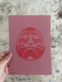 Image 4 of 'Daruma Dolls' A5 Hand-Pulled Single-Colour Screen Print on Purple/Pink Card 