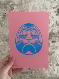 Image 5 of 'Daruma Dolls' A5 Hand-Pulled Single-Colour Screen Print on Purple/Pink Card 