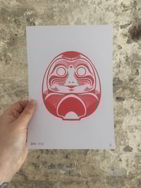 Image 2 of 'Daruma Dolls' A5 Hand-Pulled Single-Colour Screen Print on Purple/Pink Card 