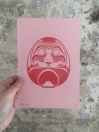 Image 1 of 'Daruma Dolls' A5 Hand-Pulled Single-Colour Screen Print on Pink/Yellow Card