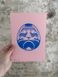 Image 2 of 'Daruma Dolls' A5 Hand-Pulled Single-Colour Screen Print on Pink/Yellow Card