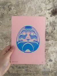 Image 3 of 'Daruma Dolls' A5 Hand-Pulled Single-Colour Screen Print on Pink/Yellow Card