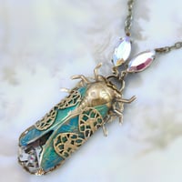 Image 5 of Steampunk Cicada Necklace – Verdigris Patina Insect Jewelry – Vintage Watch Mechanism Pendant 