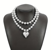 Double Strand Silver Beaded Necklace W/Heart