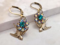 Image 4 of Swallow Bird Earrings - Nature Inspired Handmade Crystal Flower & Gold-Tone Bird Jewelry