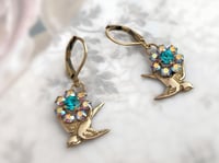 Image 7 of Swallow Bird Earrings - Nature Inspired Handmade Crystal Flower & Gold-Tone Bird Jewelry