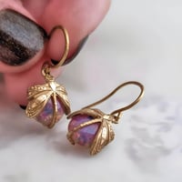 Image 3 of Fire Opal Dainty Dragonfly Earrings – Insect Jewelry with Vintage Bohemian Czech Glass Opals