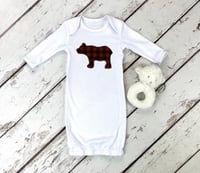 Image 1 of Baby Bear Gown Baby Boy’s Plaid Brown Bear Cub Baby Shower Gift Neutral Pajamas 