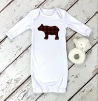 Image 2 of Baby Bear Gown Baby Boy’s Plaid Brown Bear Cub Baby Shower Gift Neutral Pajamas 