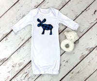 Image 1 of Blue Moose Baby Gown Plaid Moose Baby Shower Gift Boy’s Newborn Pajamas 
