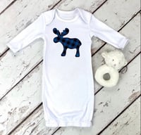 Image 2 of Blue Moose Baby Gown Plaid Moose Baby Shower Gift Boy’s Newborn Pajamas 