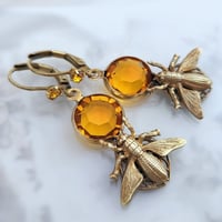 Image 1 of Honey Bee earrings,  Art Deco insect jewelry with honeycomb inspired honey topaz Swarovski Crystals 