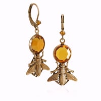 Image 4 of Honey Bee earrings,  Art Deco insect jewelry with honeycomb inspired honey topaz Swarovski Crystals 
