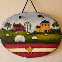 Image 1 of Primitive Folk Art Handpainted Slate Wall Hanging Americana Original Country decor Sheep stars and 