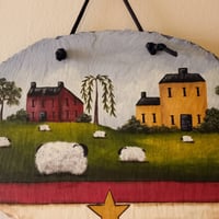 Image 2 of Primitive Folk Art Handpainted Slate Wall Hanging Americana Original Country decor Sheep stars and 