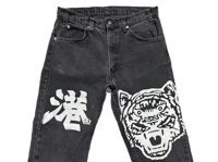 Image 3 of 505 levi's black panther WAR Kanji art dept custom made screen print black denim jeans