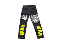 Image 1 of 505 levi's black panther WAR Kanji art dept custom made screen print black denim jeans