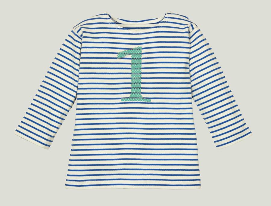 Image of NEU Geburtstags-Shirt blau gestreift mit Zahl in türkis (O) Art.266426