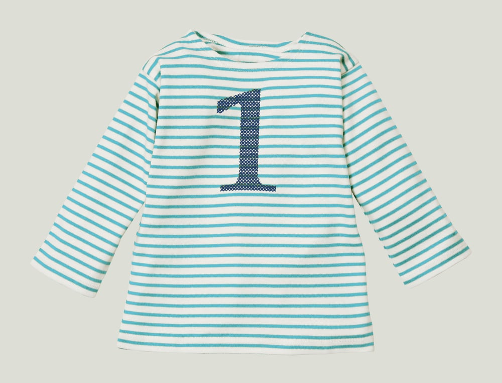 Image of NEU Geburtstags-Shirt türkis gestreift mit blauer Zahl (O) Art.266422