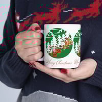 Image 1 of Christmas Santa With Reindeers 11 oz Ceramic Mug, Christmas Gift Idea, Holiday Coffee Ceramic Mugs.