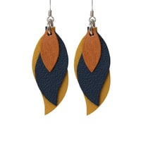 Image 1 of Australian made leather earrings - Leaf. Tan, dark navy, mustard yellow [LNM-872]
