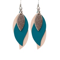 Image 1 of Australian made leather earrings - Leaf. Rose gold, teal green, pale peach [LTP-879]