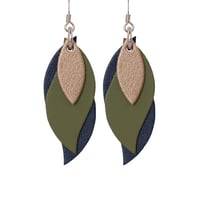 Image 1 of Australian made leather earrings - Leaf. Matte rose gold, olive green, navy blue [LON-878]