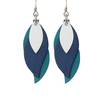 Image 1 of Australian made leather earrings - Leaf. White, navy blue, teal green [LWB-874]