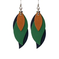 Image 1 of Australian made leather earrings - Leaf. Tan, emerald green, navy [LGN-871]