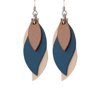 Image 1 of Australian made leather earrings - Leaf. Brown, royal blue, beige [LBB-873]